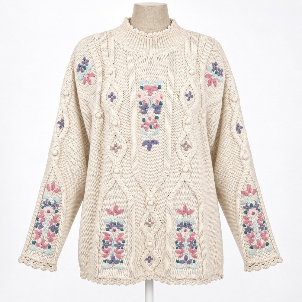 Vintage 90s Floral Embroidered Cable Knit Sweater Plus Chunky Cottagecore Granny